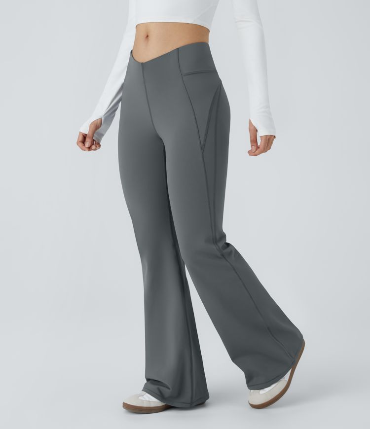 Pantalon de yoga évasé thermique taille haute avec ceinture en V