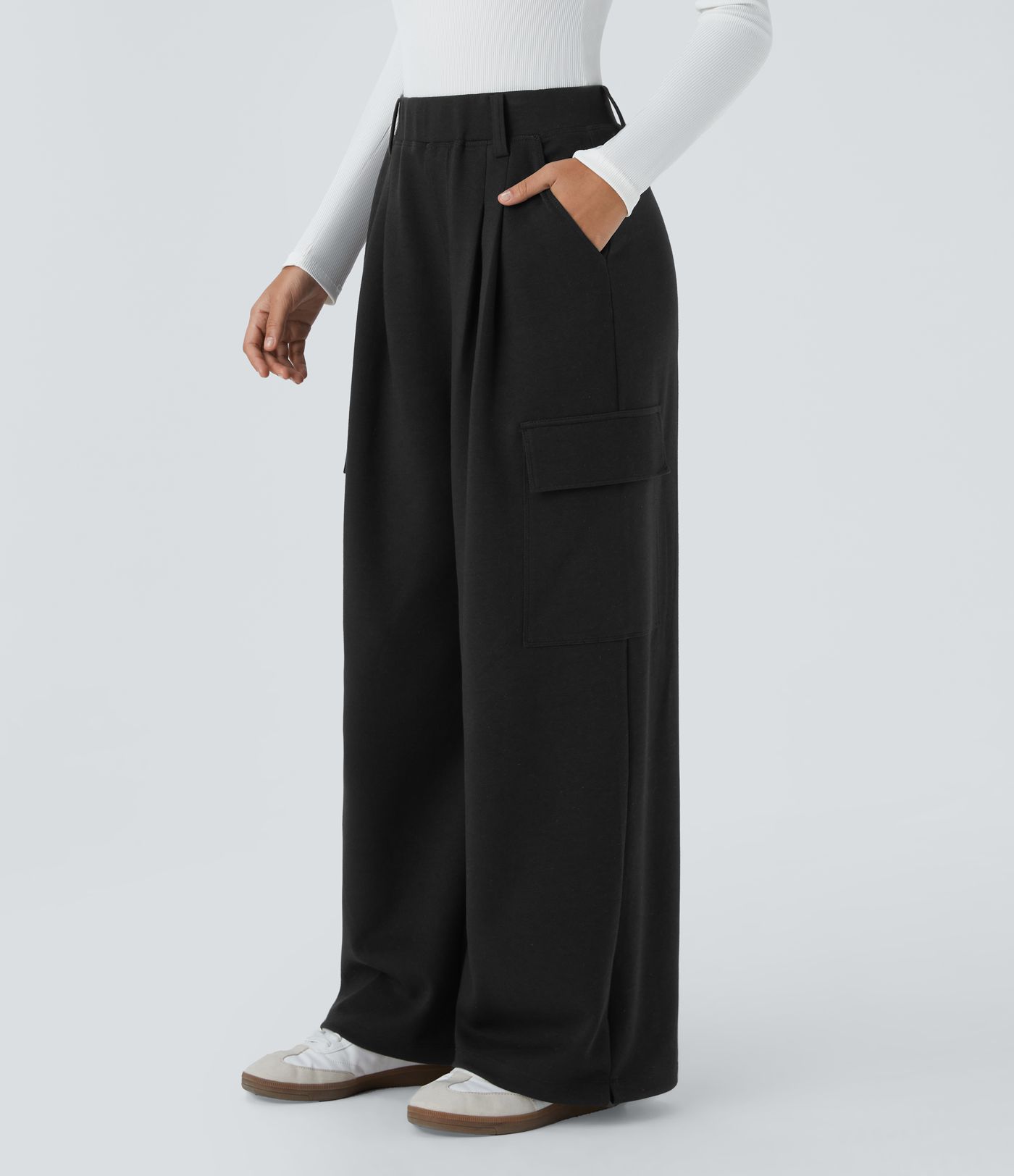 High Waisted Multiple Pockets Adjustable Drawcord Hem Wide Leg Casual Trousers