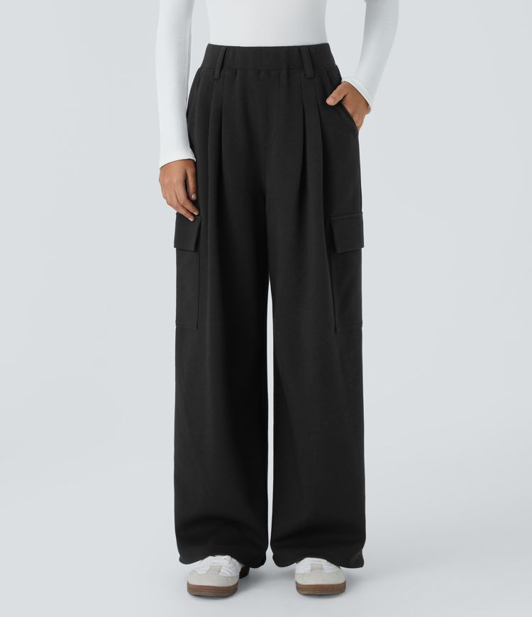 High Waisted Multiple Pockets Adjustable Drawcord Hem Wide Leg Casual Trousers