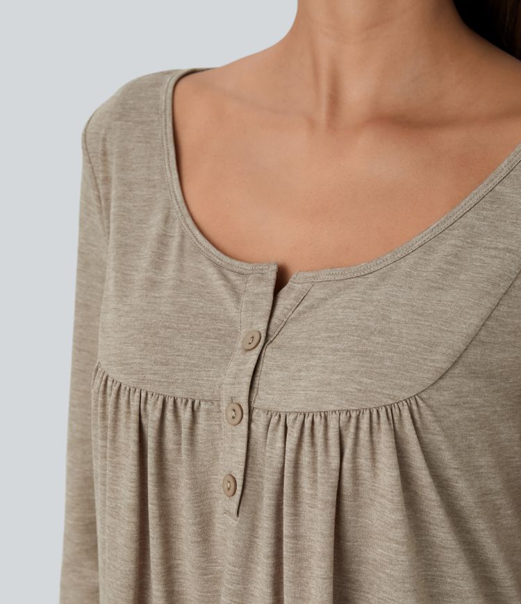 Round Neck Button Long Sleeve Curved Hem Casual Top