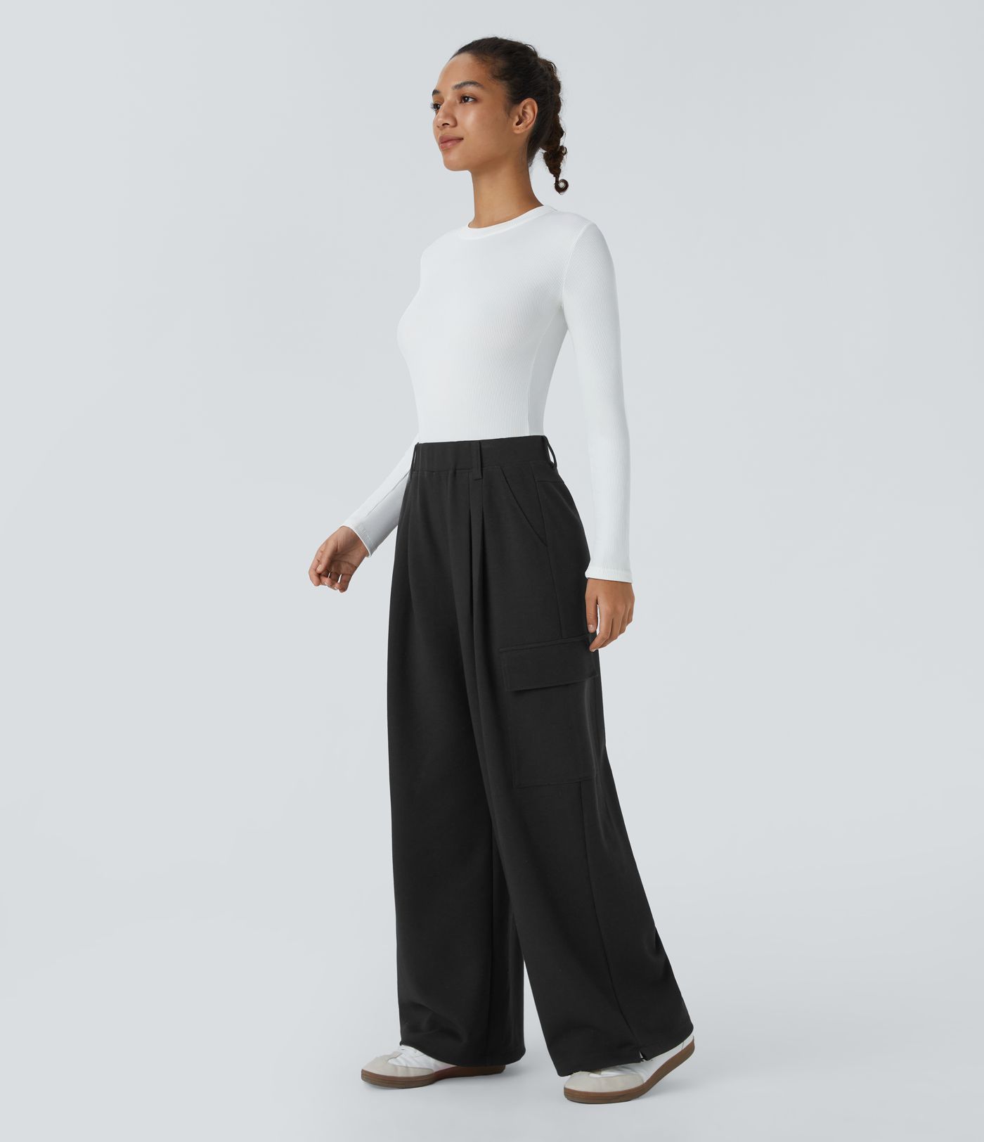High Waisted Multiple Pockets Adjustable Drawcord Hem Wide Leg Casual Trousers