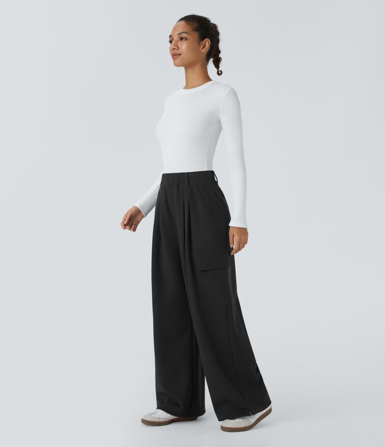 High Waisted Multiple Pockets Adjustable Drawcord Hem Wide Leg Casual Trousers