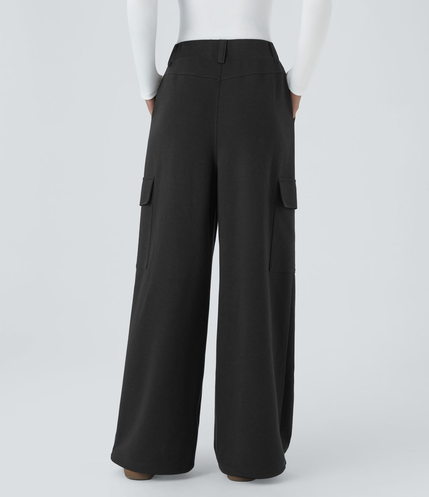 High Waisted Multiple Pockets Adjustable Drawcord Hem Wide Leg Casual Trousers