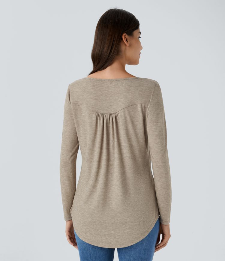 Round Neck Button Long Sleeve Curved Hem Casual Top