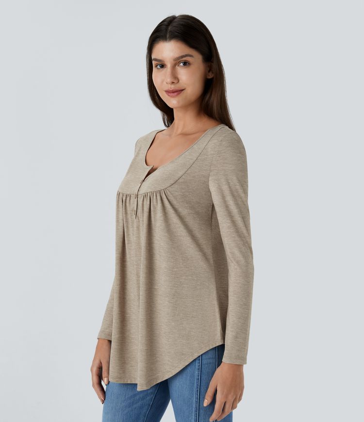 Round Neck Button Long Sleeve Curved Hem Casual Top