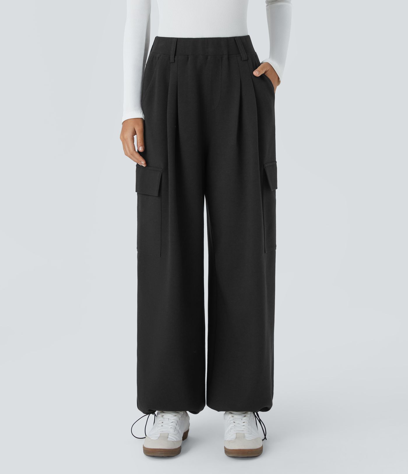 High Waisted Multiple Pockets Adjustable Drawcord Hem Wide Leg Casual Trousers