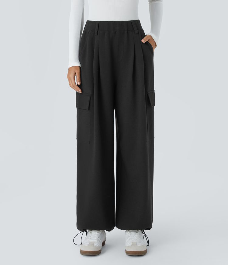 High Waisted Multiple Pockets Adjustable Drawcord Hem Wide Leg Casual Trousers