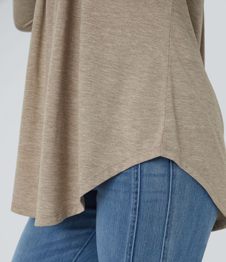 Round Neck Button Long Sleeve Curved Hem Casual Top