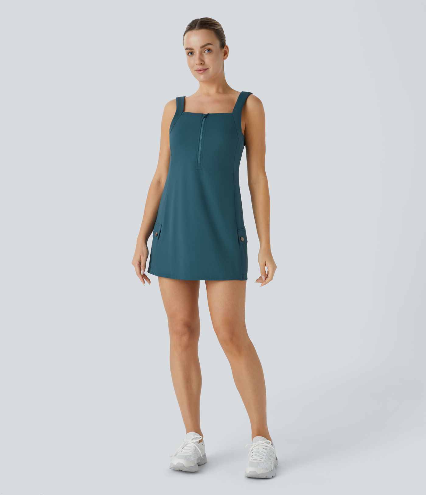 Front Half Zip Side Cargo Pocket Backless 2-Piece Quick Dry Mini Tank Active Dress