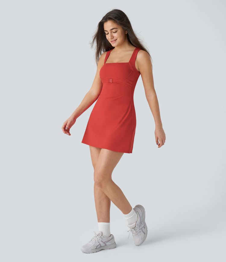 Softlyzero™ QuickDry Square Neck Sleeveless 2-Piece Side Pocket Mini Tennis Active Dress