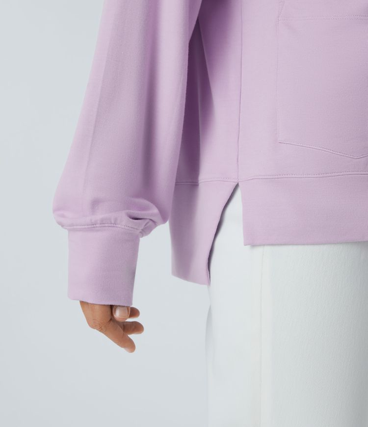 Round Neck Dropped Long Sleeve Front Side Pocket Split High Low Oversize Casual Sweatshirt