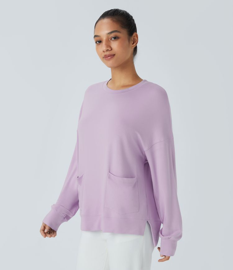 Round Neck Dropped Long Sleeve Front Side Pocket Split High Low Oversize Casual Sweatshirt