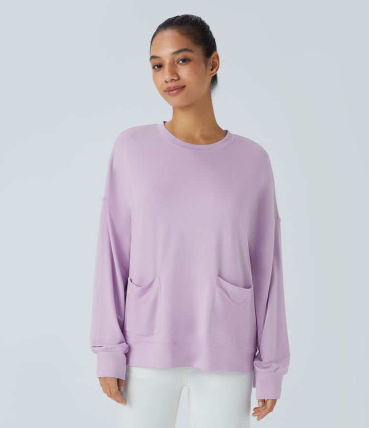 Round Neck Dropped Long Sleeve Front Side Pocket Split High Low Oversize Casual Sweatshirt