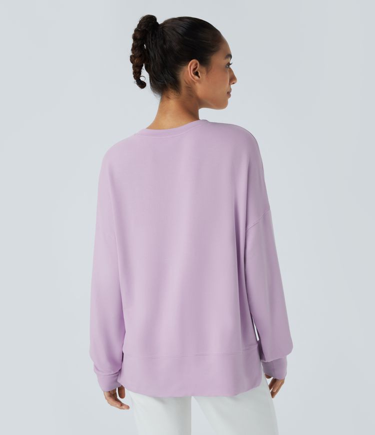 Round Neck Dropped Long Sleeve Front Side Pocket Split High Low Oversize Casual Sweatshirt