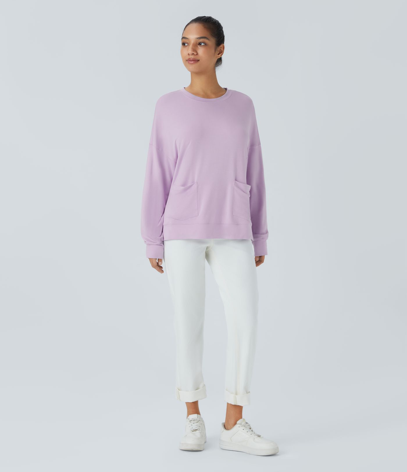 Sudadera cuello redondo manga larga bolsillo lateral delantero abertura alta baja gran tamaño