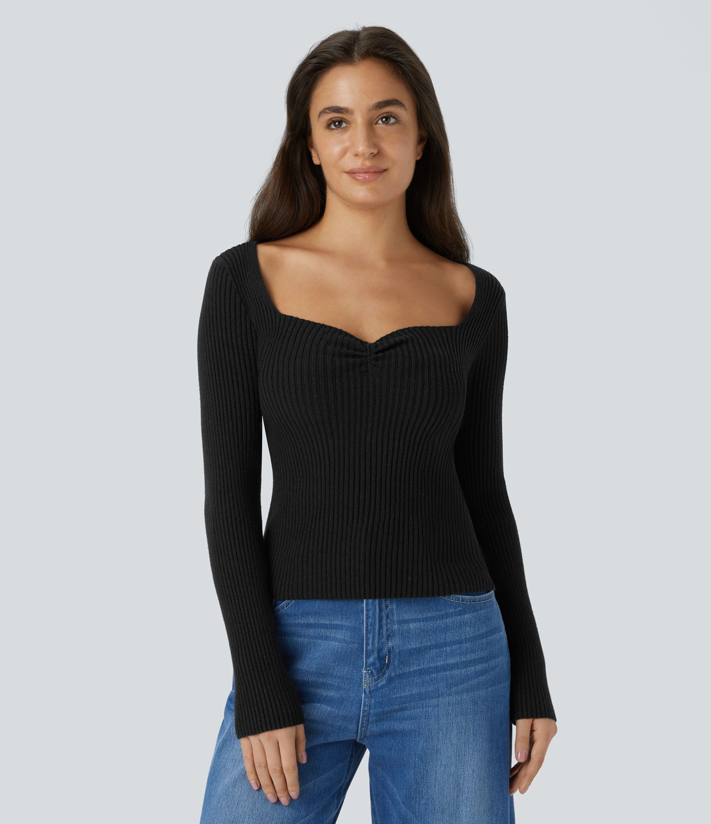 Pull Casual Mince à Manches Longues et Col Cœur