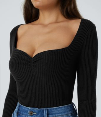 Pull Casual Mince à Manches Longues et Col Cœur