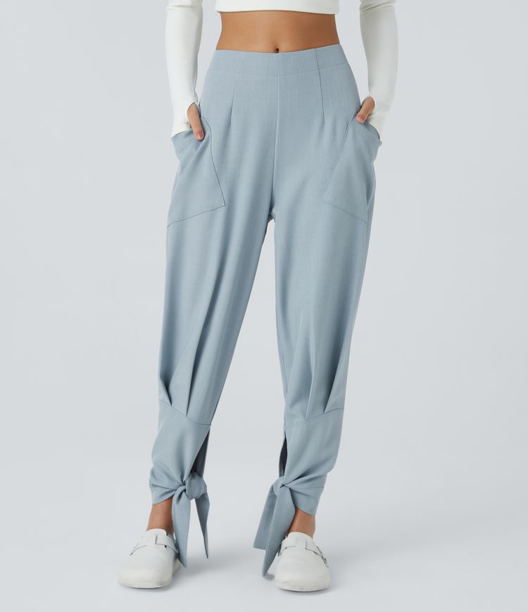 Mid-rise side pocket pleated knot casual pants