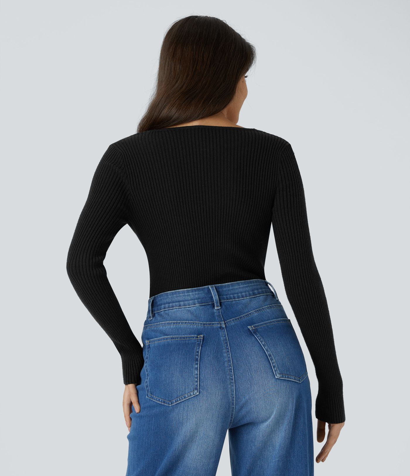 Pull Casual Mince à Manches Longues et Col Cœur