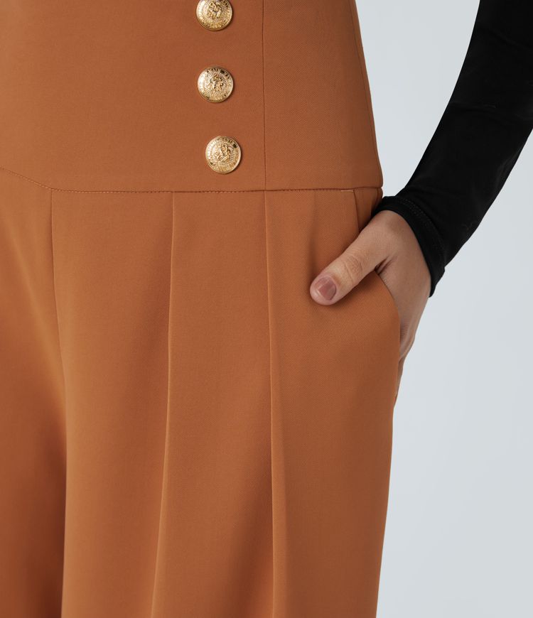 Pantalón pierna ancha cremallera invisible bolsillo lateral plisado botón decorativo tiro alto