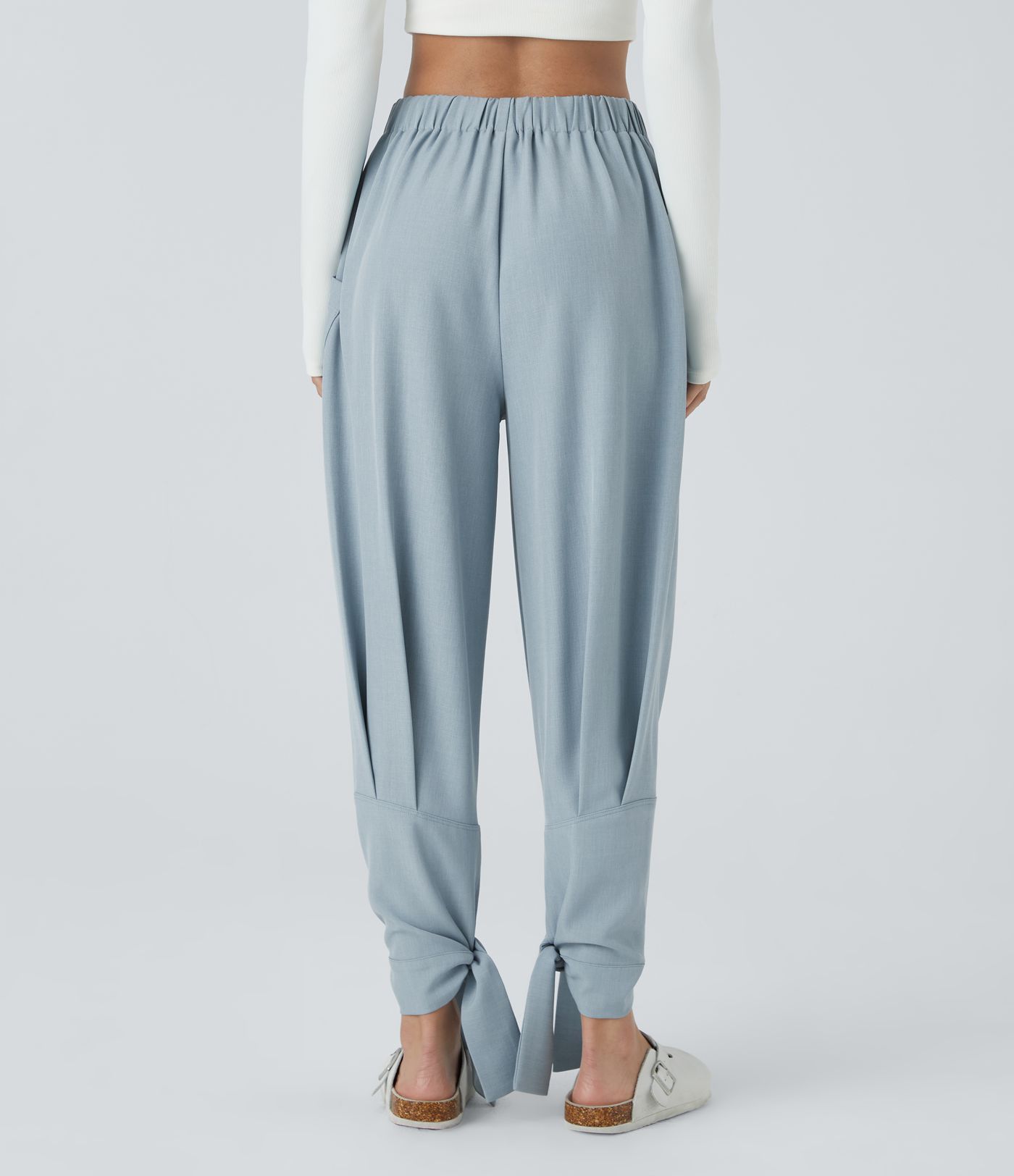 Mid-rise side-pocket pleated-knot casual pants