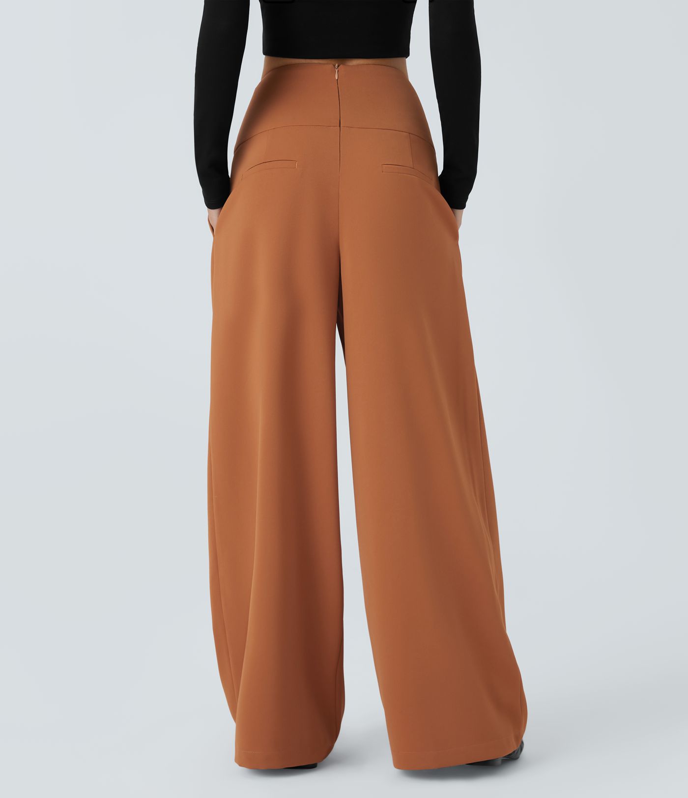 Pantalón pierna ancha cremallera invisible bolsillo lateral plisado botón decorativo tiro alto