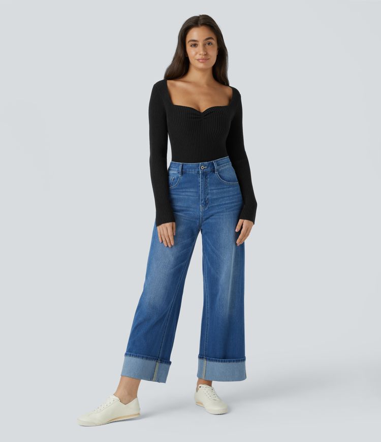 Pull Casual Mince à Manches Longues et Col Cœur