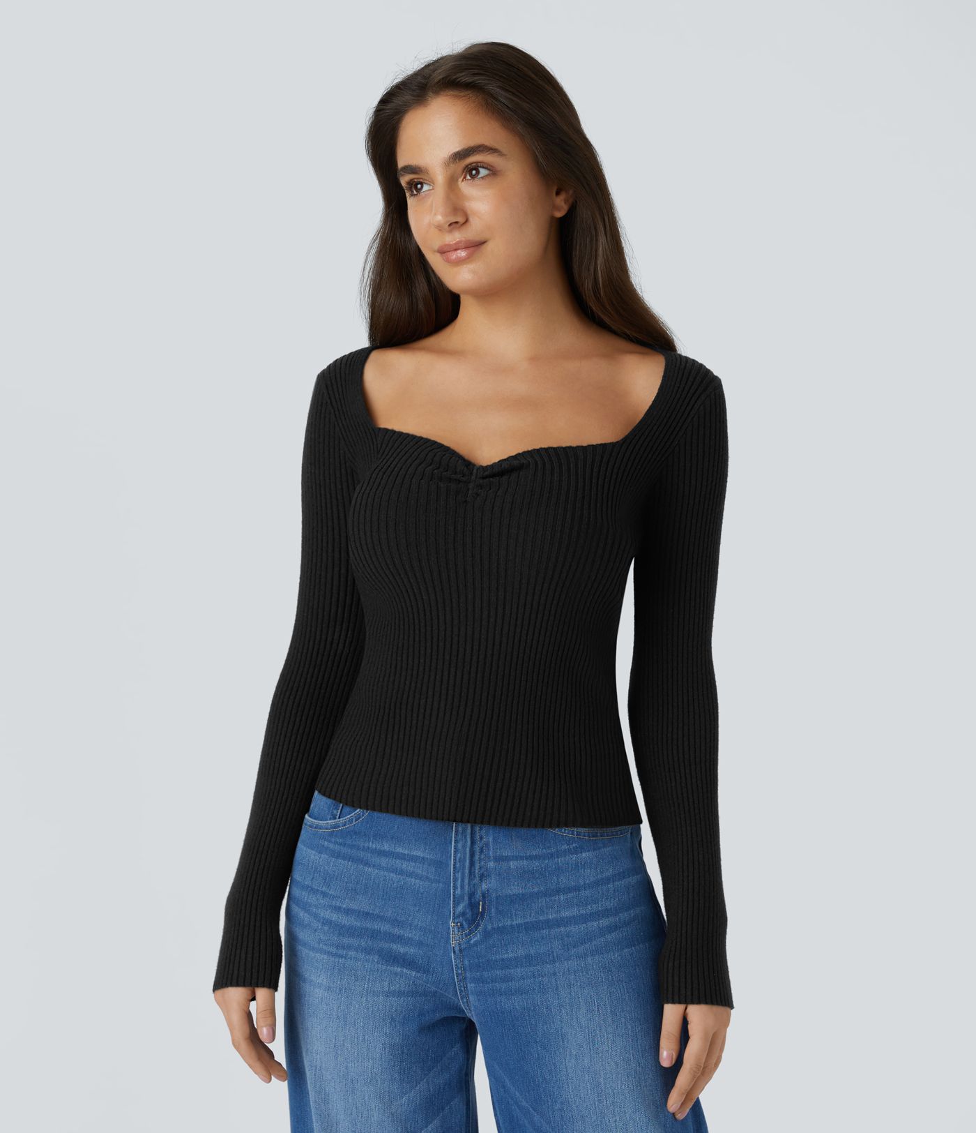 Pull Casual Mince à Manches Longues et Col Cœur