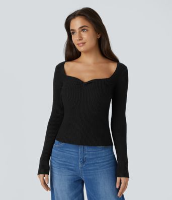 Pull Casual Mince à Manches Longues et Col Cœur