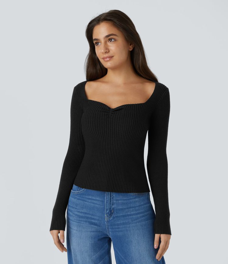 Pull Casual Mince à Manches Longues et Col Cœur