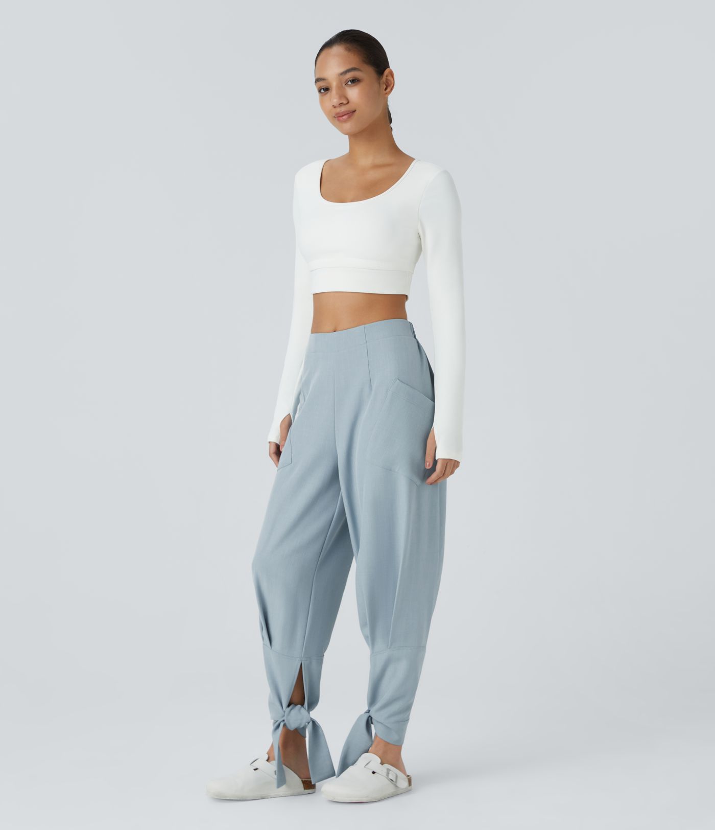 Mid-rise side-pocket pleated-knot casual pants