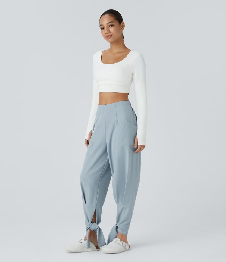 Mid-rise side pocket pleated knot casual pants