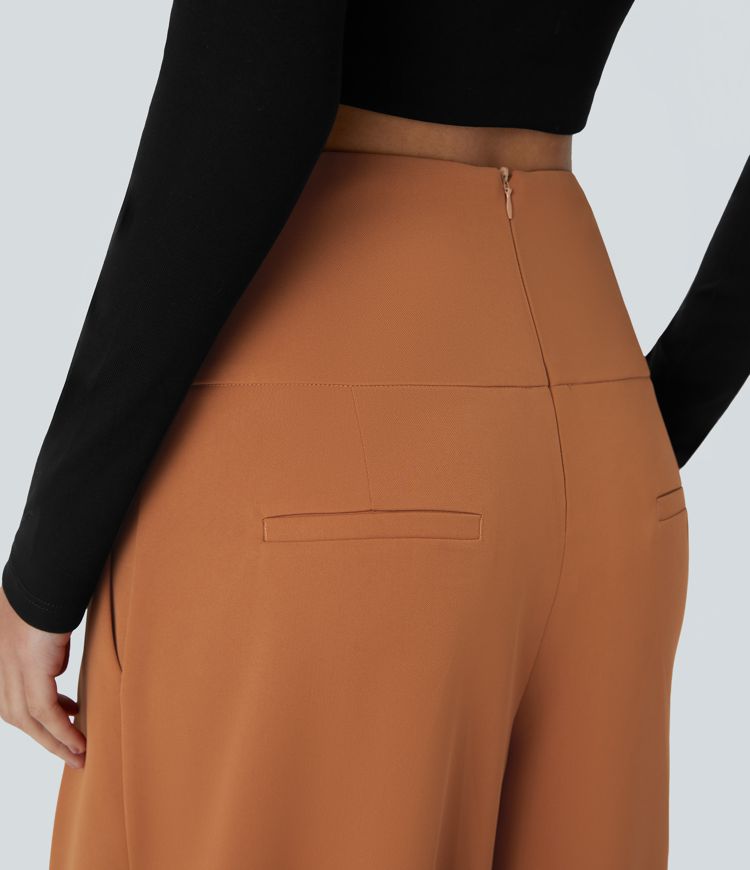 Pantalón pierna ancha cremallera invisible bolsillo lateral plisado botón decorativo tiro alto