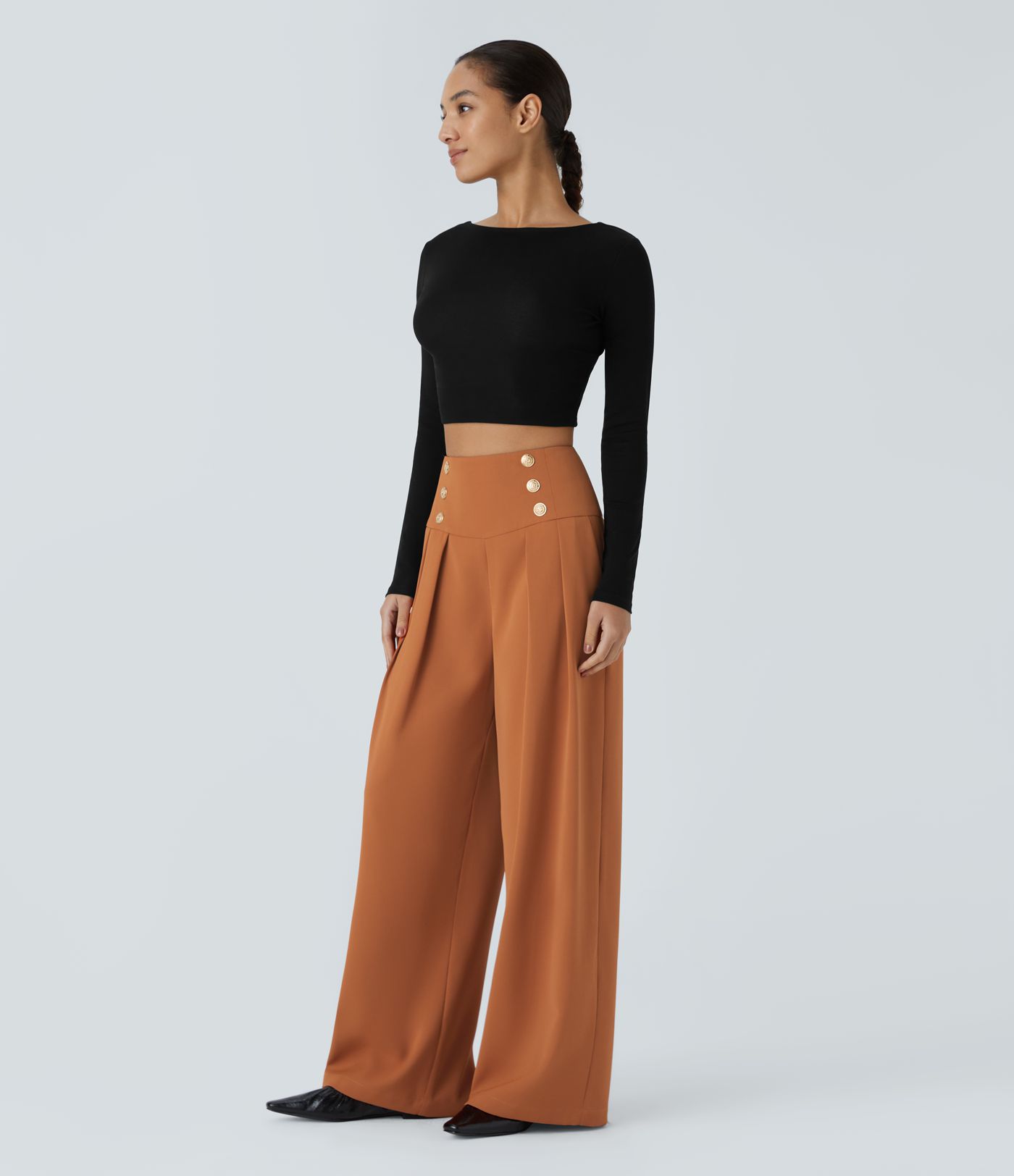 Pantalón pierna ancha cremallera invisible bolsillo lateral plisado botón decorativo tiro alto