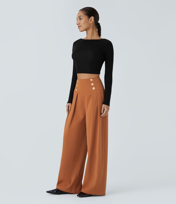 Pantalón pierna ancha cremallera invisible bolsillo lateral plisado botón decorativo tiro alto