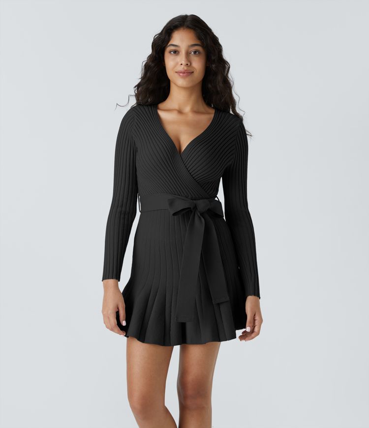 Robe-pull courte décontractée à col V, manches longues croisées, ceinture et ourlet à volants