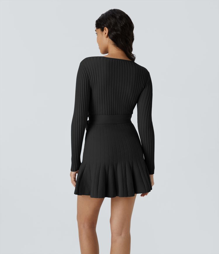 Vestido suéter corto cuello V manga larga cruzada dobladillo volante cinturón