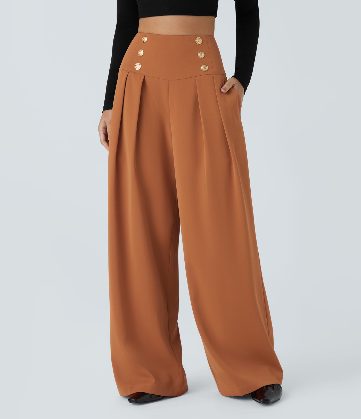 Pantalón pierna ancha cremallera invisible bolsillo lateral plisado botón decorativo tiro alto