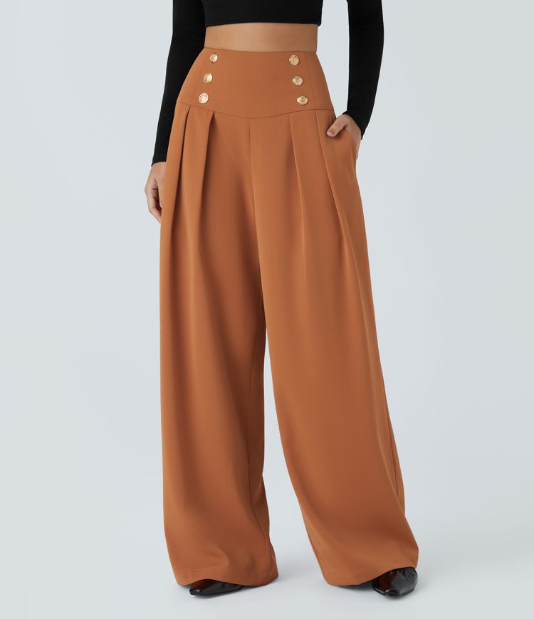 High Waisted Decorative Pocket Wide Leg Casual Pants