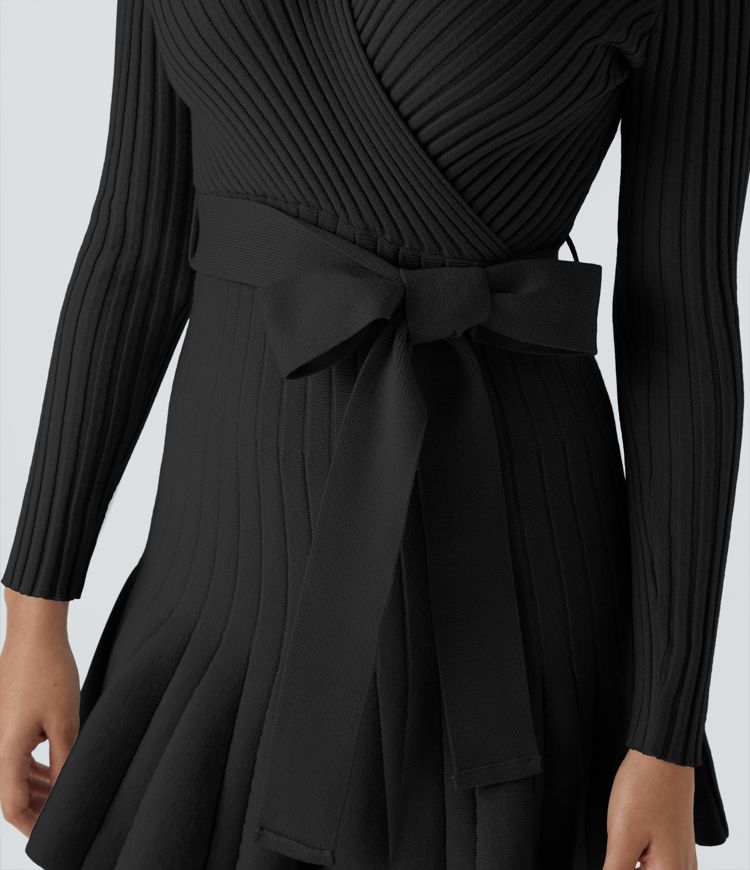 Vestido suéter corto cuello V manga larga cruzada dobladillo volante cinturón