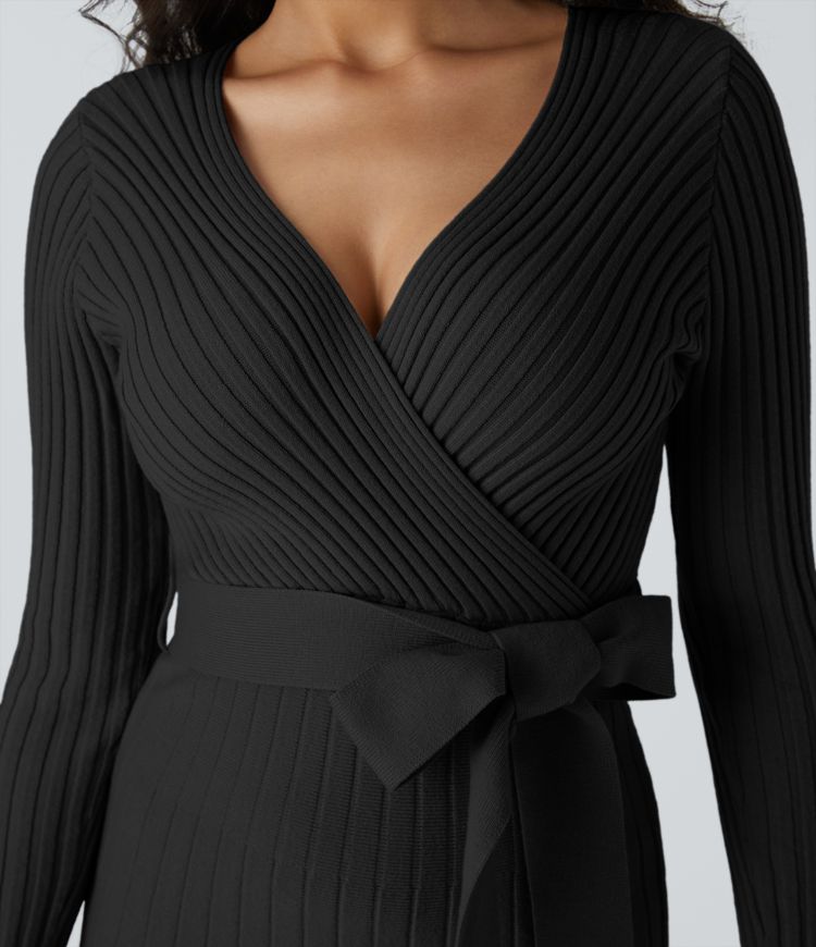 Vestido suéter corto cuello V manga larga cruzada dobladillo volante cinturón