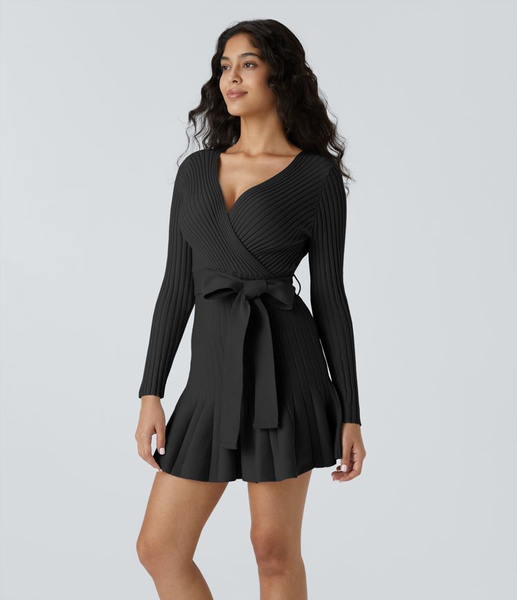 Vestido suéter corto cuello V manga larga cruzada dobladillo volante cinturón