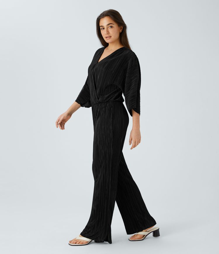 V Neck Button Long Sleeve Casual Jumpsuit