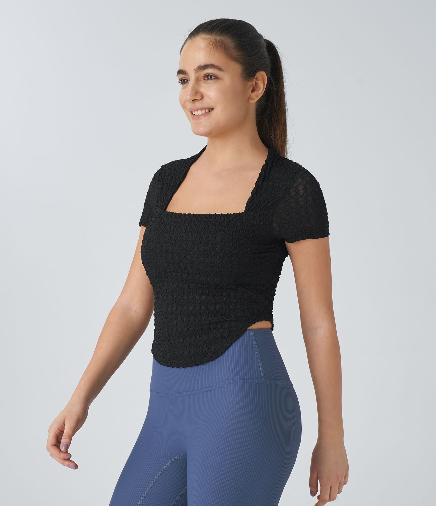 SoftlyZero™ Airy Square Neck Short Sleeve Curved Hem Cool Touch Yoga Sports Top-UPF50+