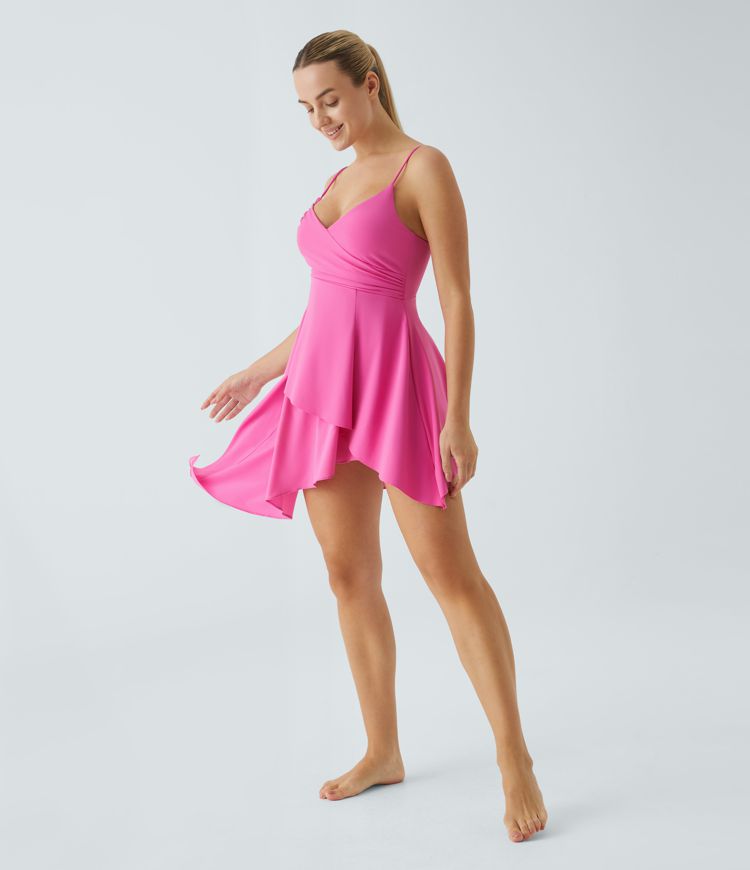 Vestido Breezeful™ activo baile 2 piezas cuello V cruzado fruncido asimétrico dobladillo escalonado combinación fluida secado rápido