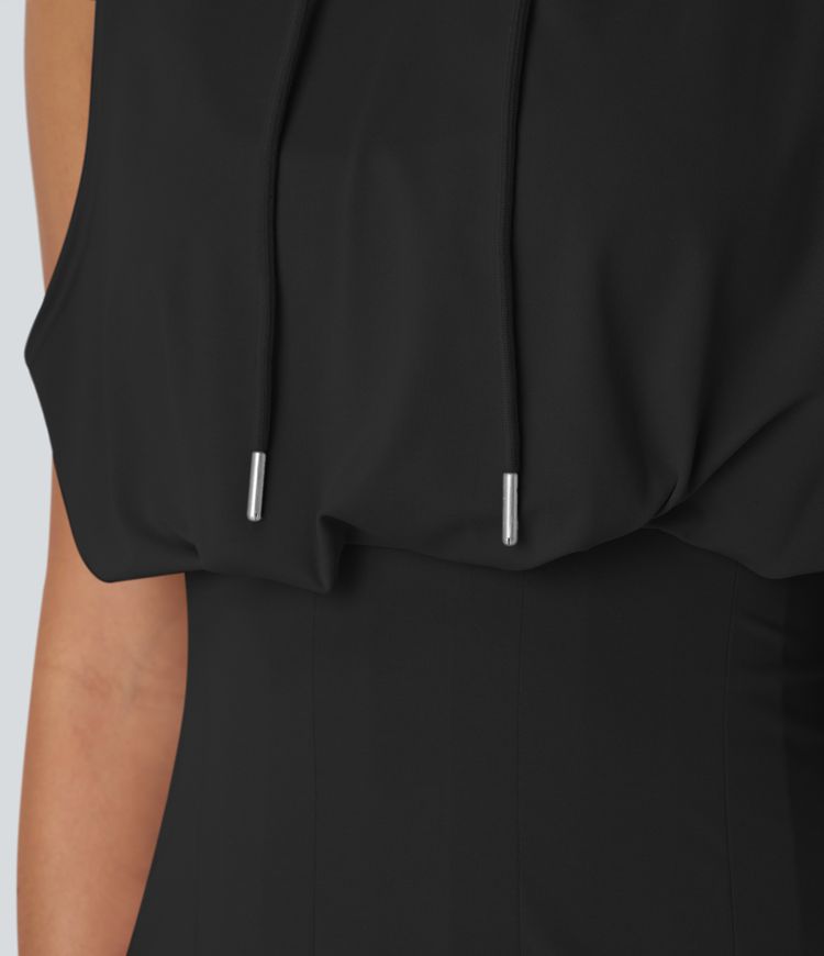 Hooded Drawstring Sleeveless Pleated Mini Casual Dress