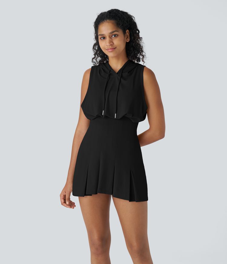 Hooded Drawstring Sleeveless Pleated Mini Casual Dress