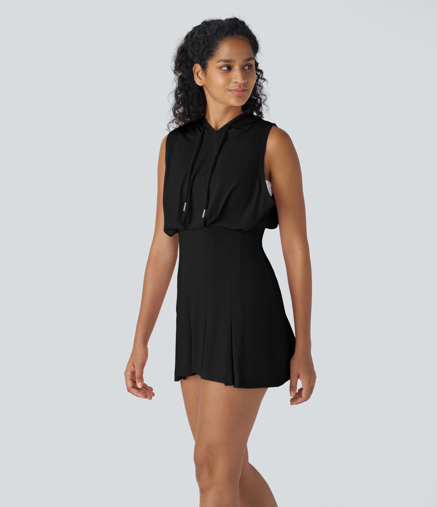 Hooded Drawstring Sleeveless Pleated Mini Casual Dress