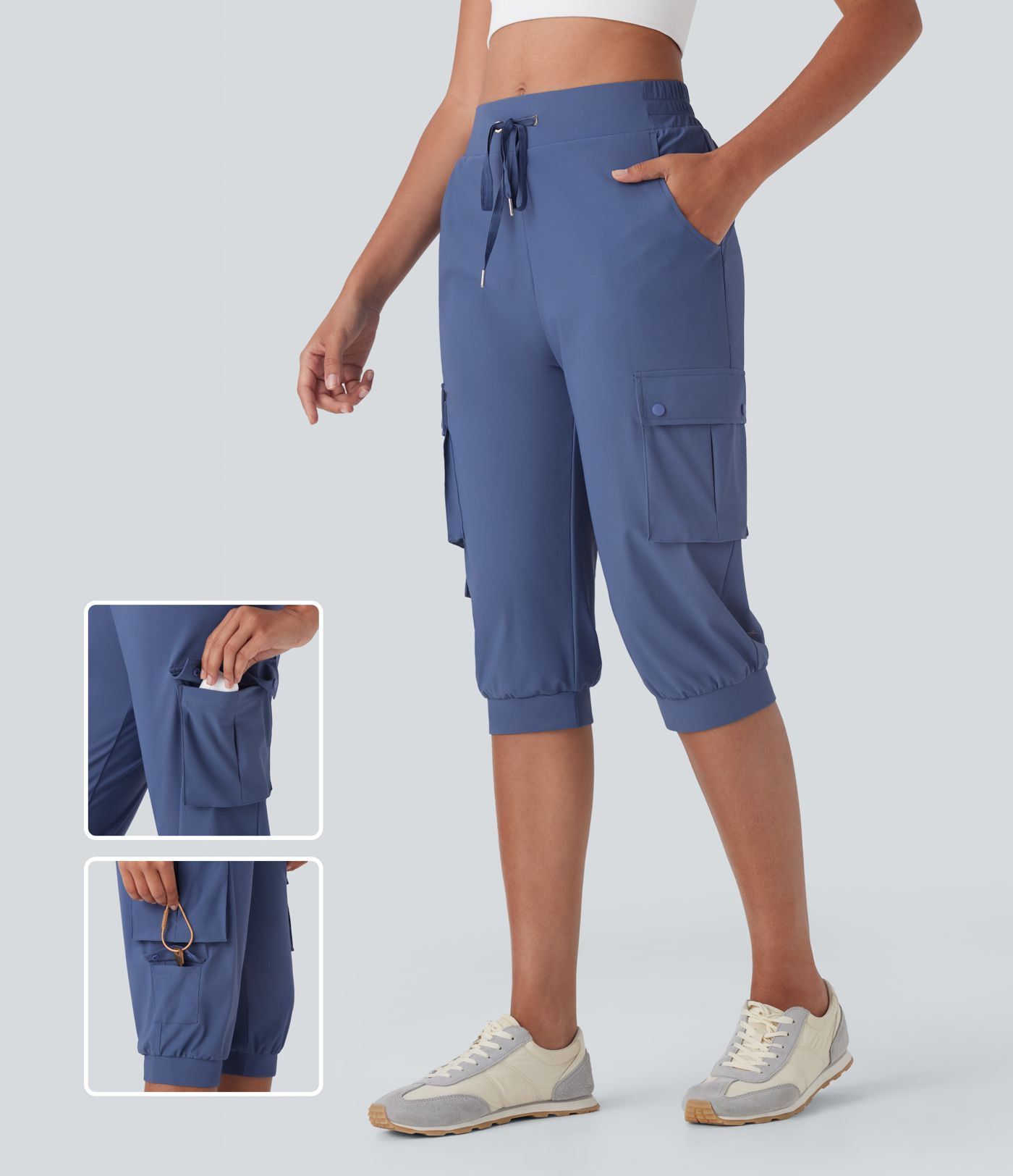 High Waisted Drawstring Quick Dry Dance Pedal Pusher Cargo Joggers with Pockets