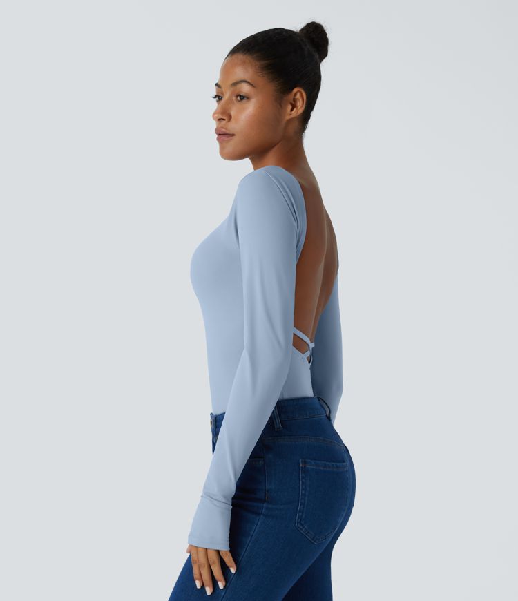 Top deportivo yoga abertura pulgar manga larga cruzada sin espalda